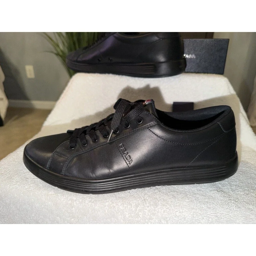 PRADA Men's Leather Lace-Up Sneaker Black/Red Stripe EU 42 US 9 4E3256